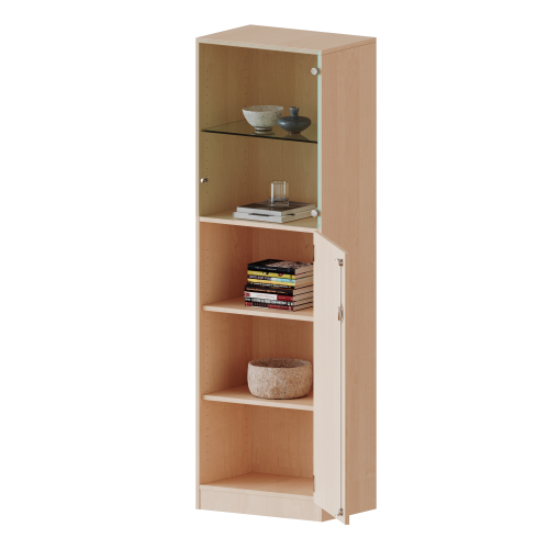 5 Ordnerhöhen, unten Tür (3 OH), oben Vitrinentür (2 OH) - Serie evo180 Breite 60 cm, Gesamthöhe 190 cm, 1 geschlossene und 1 Glas-Tür, abschließbar, mit Sockel (81 mm)