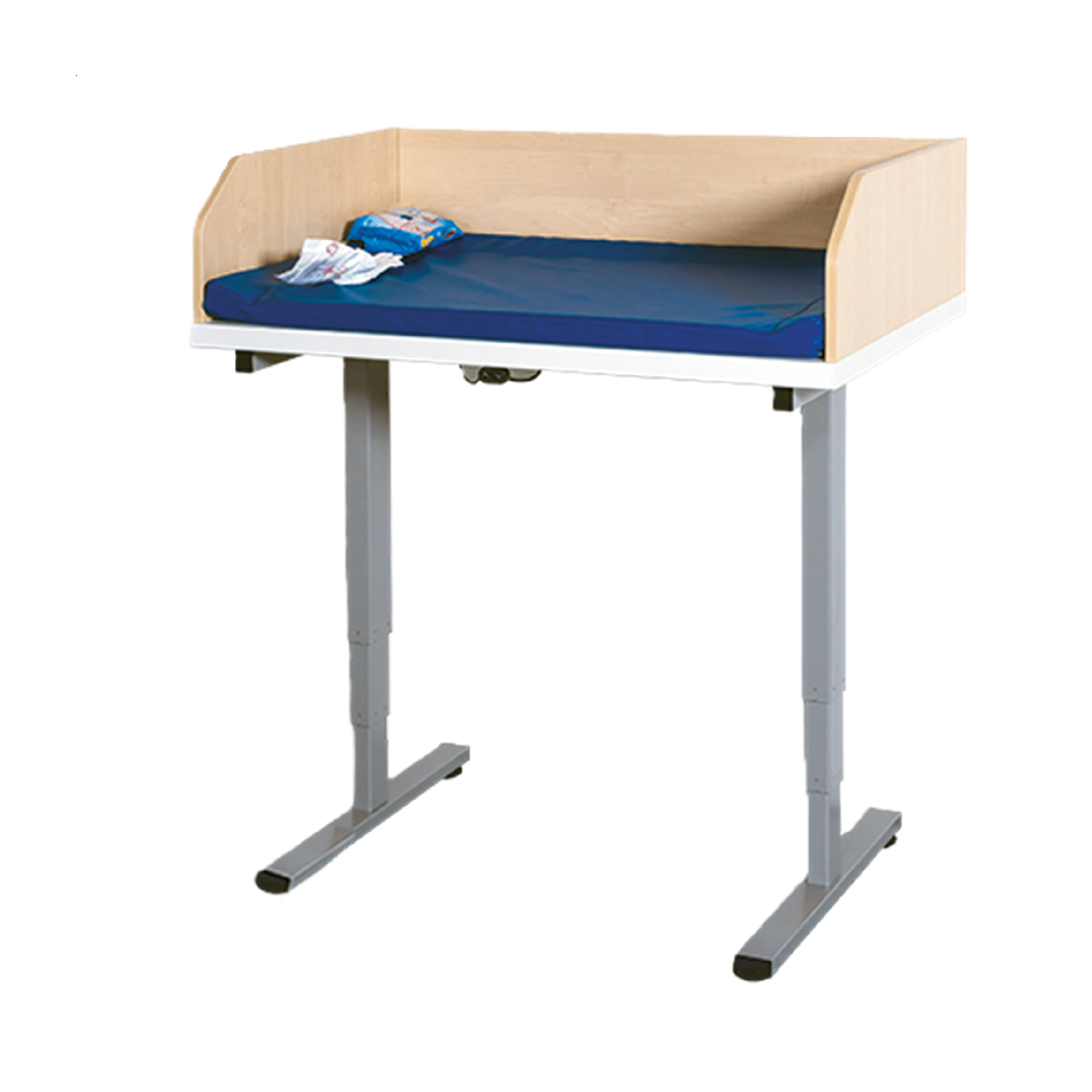 Wickeltisch elektrisch höhenverstellbar mit Stahlgestell, B/H: 107x64-129 cm, Stahlgestell mit RAL-Farbe 9006 (weißaluminium)