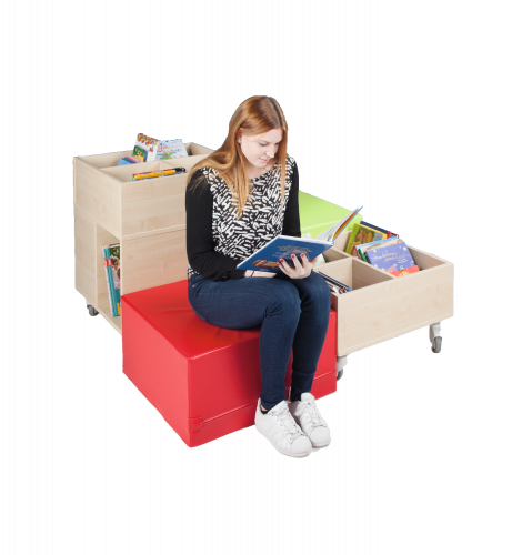 cuBe Bücherinsel "L" 4-teilig Bücherinsel "L" mit hoher und flacher Bücherkiste fahrbar und 2 Sitzhockern