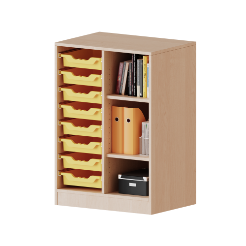 ErgoTray Regal, zweireihig, 2,5 Ordnerhöhen - evo180 Serie Gesamthöhe 100 cm, Breite 70,3 cm, rechts 3 Fächer, links 8 flache ErgoTray Boxen