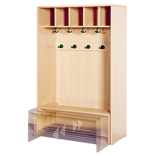 Korpusgarderobe mit einschiebbarer Bank Bank mit Schuhrost, je Platz mit 3fach- und 2fach-Haken, H/T: 158x46 cm