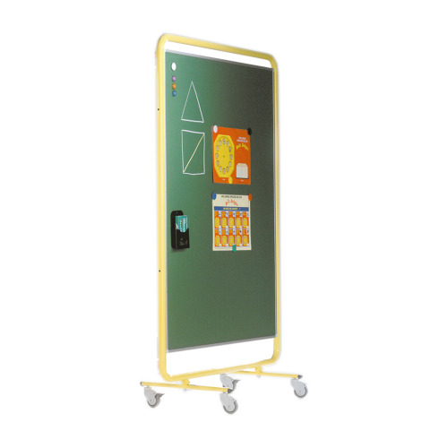 Fahrbare doppelseitige Präsentationswand mit grünen Stahlemaille Schreibflächen B/H/T: 131x190x50 cm