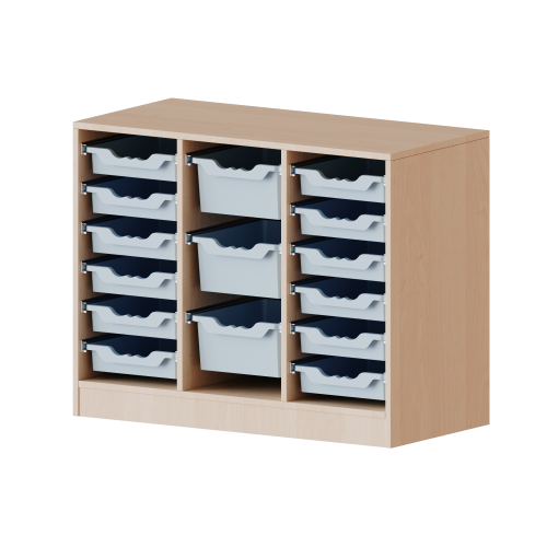 ErgoTray Regal, dreireihig, 2 Ordnerhöhen - evo180 Serie Breite 104,5 cm, Gesamthöhe 82 cm, mit Sockel, rechts und links je 6 flache, in der Mitte 3 hohe ErgoTray Boxen