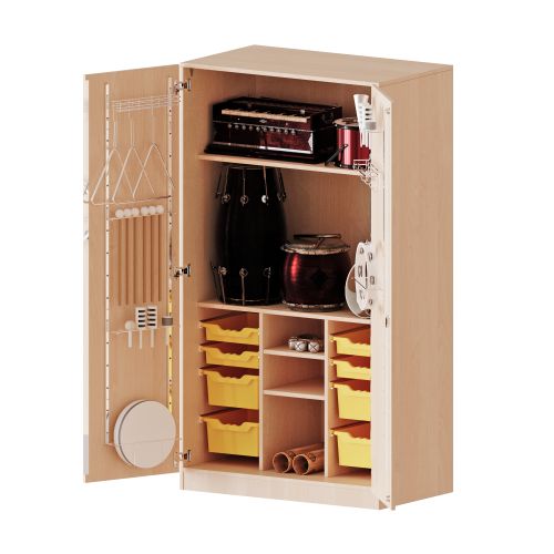 Musikschrank, 5 Ordnerhöhen - Serie evo180 B/H/T: 104,5x190x60 cm, Türen mit Instrumentenhalterungen, mit 8 ErgoTray Boxen, mit Sockel (81 mm)