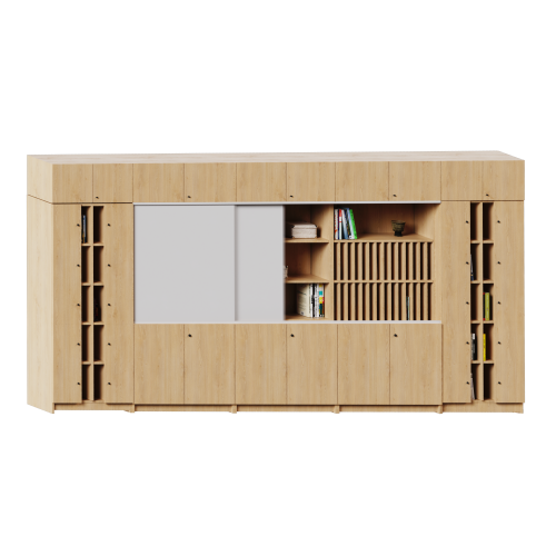 Schrankwand K01 als Beispiel-Kombination Gesamtmaße B/H/T: 460x226x50 cm, 2 Whiteboard Schiebetüren mit Schienensystem vor Schränken und Regalen der EVO-Baureihe