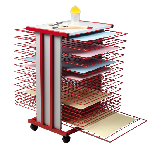 Trockenwagen fahrbar mit 25 Trockengittern DIN A2 B/H/T: 59,5x83x75 cm, Gestell in rot, Holzteile in Grau