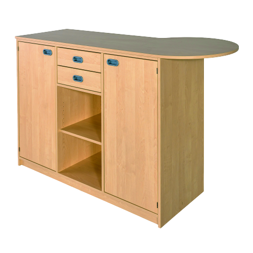 Anmeldestation B/H/T: 170/140x110x50/70 cm, Raumteiler mit Beratungsansatz, aus feuerhemmendem Material - Dekor Buche