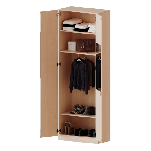 Garderobenschrank mit Spiegel und Garderobenstange, 6 Ordnerhöhen - Serie evo180 Breite 80 cm, Gesamthöhe 226 cm, 2 Türen, abschließbar, mit Sockel (81 mm)