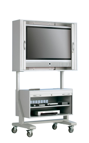 TV Wagen, TV Rack für Fernseher bis 40 Zoll 90 x 78 cm, mit Unterschrank ScreenCart, Gestell grau, Korpus und Rollo grau