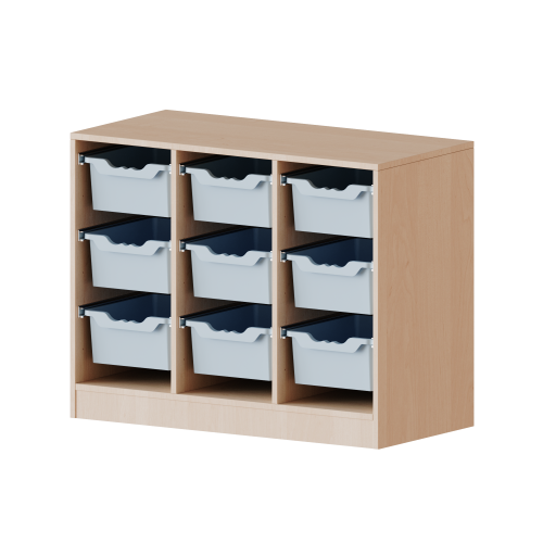 ErgoTray Regal, dreireihig, 2 Ordnerhöhen - evo180 Serie Breite 104,5 cm, Gesamthöhe 82 cm, mit Sockel, 9 hohe ErgoTray Boxen