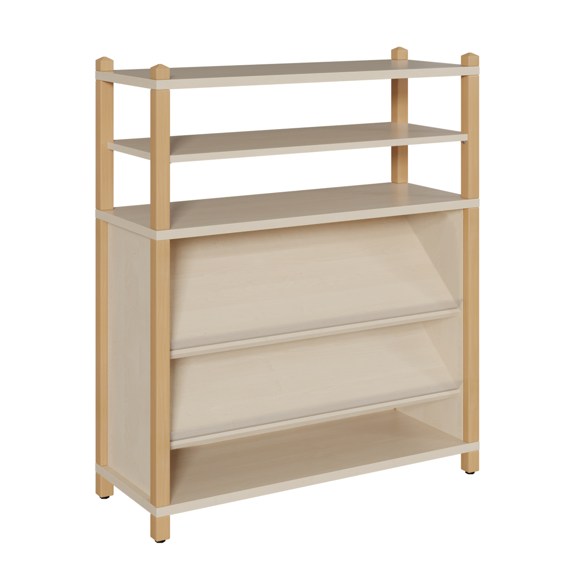 Stollen-Regal mit 2 unteren Schrägablagen B/H/T: 106x120x40 cm, 3 weitere Fächer,  oben offener Regalaufsatz mit 1 Einlegeboden