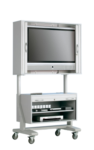 TV Wagen, TV Rack für Fernseher bis 55 Zoll 130 x 92 cm, mit Unterschrank ScreenCart, Gestell grau, Korpus und Rollo grau