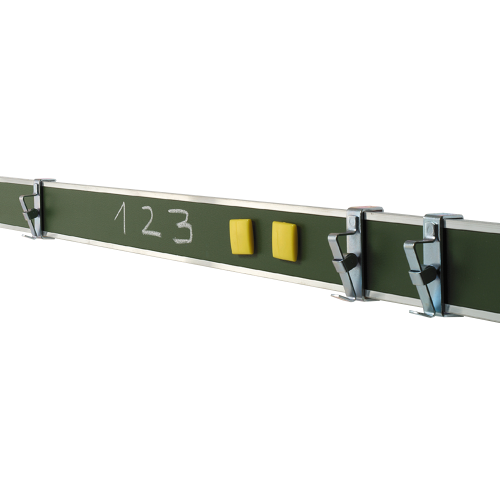 Bilderklemmleiste Stahl grün Bilderleiste mit 3 Papierklemmen pro Meter, Oberfläche in Stahl grün, magnethaftend