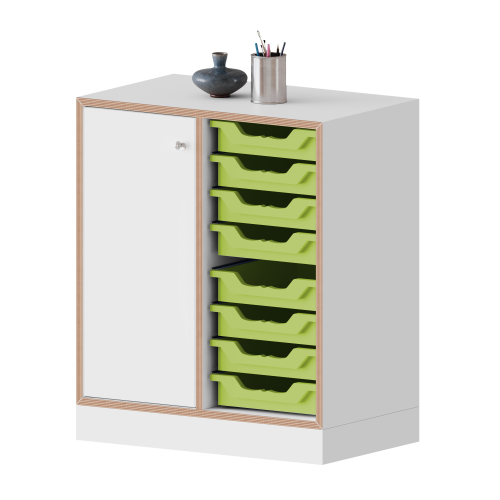 qickly® Schrank, 2 Ordnerhöhen, 1 Tür links mit Schloss, 8 kleine Ergo Tray Boxen B/H/T: 70,1x74,3x42,6 cm