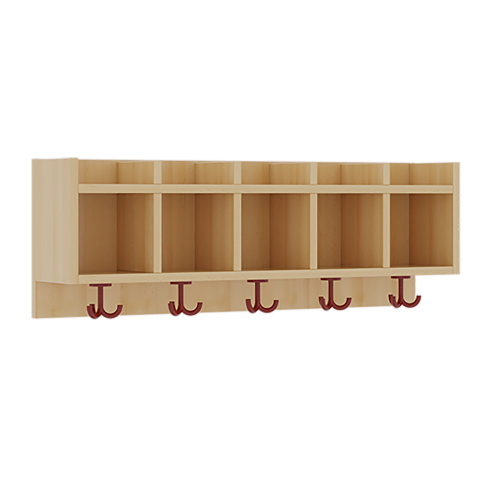 einfache Garderobenablage Fächer, darunter 3fach-Haken, oben offene Unterteilungen, H/T: 34,5x20 cm, aus feuerhemmendem Material