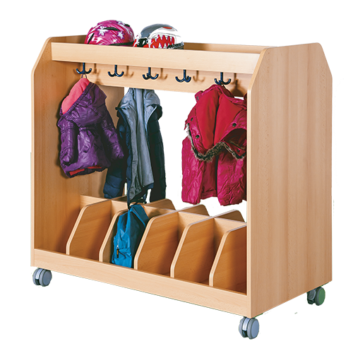 Garderoben- und Taschenwagen mit Trennungen B/H/T: 120x110x60 cm, 12 Taschen und zusätzlichen 12 Dreifachhaken unter Ablage, doppelseitig nutzbar