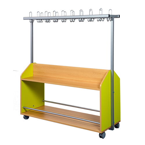 Garderobenwagen doppelseitig aus feuerhemmendem Material, mit Ablagen in 2 Etagen und Garderoben-Dreifachhaken, H/T: 160x50 cm