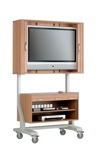 TV Wagen, TV Rack für Fernseher bis 40 Zoll 90 x 78 cm, mit Unterschrank ScreenCart, Gestell grau, Korpus und Rollo Buche