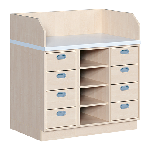 Wickelkommode, dreireihig B/H: 107x113 cm, 8 Schübe, mittig Regal