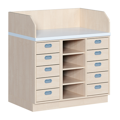 Wickelkommode, dreireihig B/H: 107x113 cm, 10 Schübe, mittig Regal