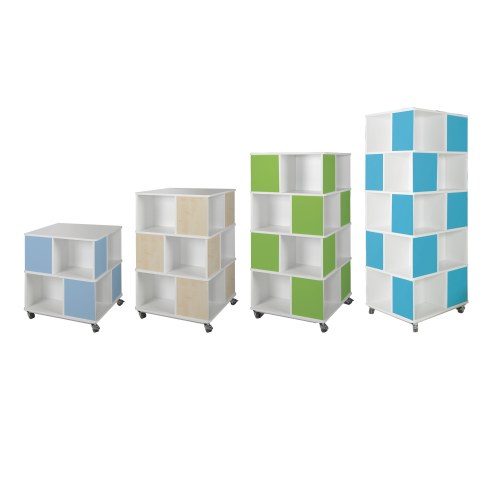 Bücherturm mit offenen Fächern, zweifarbig und fahrbar B/H/T: 75x85-196x75 cm mit 2 bis 5 Ebenen, Dekore nach Wahl