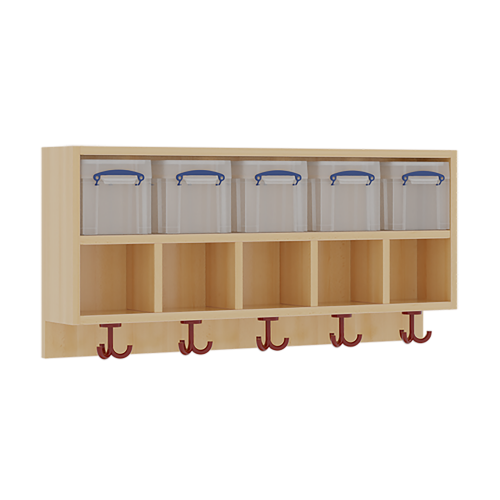 doppelte Garderobenablage H/T: 46x27 cm in verschiedenen Breiten, Ablage zur Wandmontage, oben Boxen, darunter Facheinteilung, unten 3fach-Haken