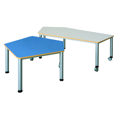 Fahrbarer Fünfecktisch mit Linoleumbelag verschiedene Größen in 5eck-Form, wählbare Höhe, mit Linoleumbelag, Stahlzargengestell und Rundrohr-Füße Ø 60