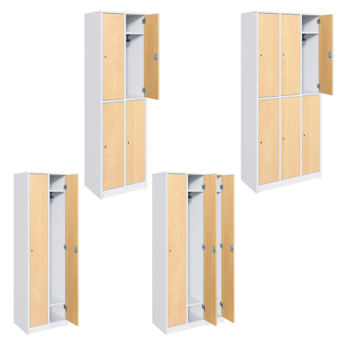 Spindschränke mit Hutboden und Garderobenhaken feuerhemmendes Material - Dekor Buche, zweireihig, mit geteilten oder durchgehenden Türen, verschieden schließend