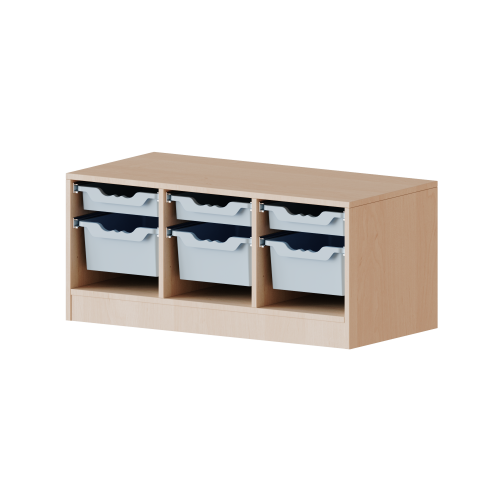 ErgoTray Regal, dreireihig, 1 Ordnerhöhe - evo180 Serie Breite 104,5 cm, Gesamthöhe 46 cm, mit Sockel, 3 flache und 3 hohe ErgoTray Boxen