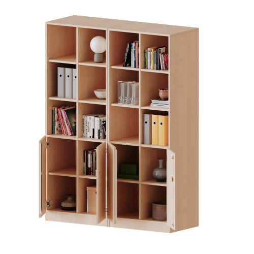 ErgoTray Kombi-Schrank, vierreihig, zweiteilig, 5 Ordnerhöhen - evo180 Serie B/H/T: 140,6x190x50 cm, 2 OH unten mit Türen, oben 3 OH Regal, mit Sockel (81 mm), mit 2 Mittelwänden