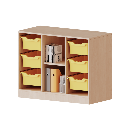 ErgoTray Regal, dreireihig, 2 Ordnerhöhen - evo180 Serie Breite 104,5 cm, Gesamthöhe 82 cm, mit Sockel, rechts und links je 3 hohe ErgoTray Boxen, 2 Fächer in der Mitte