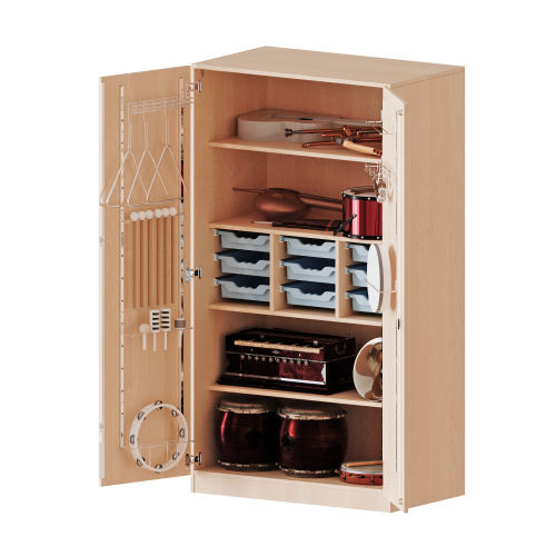 Musikschrank, 5 Ordnerhöhen - Serie evo180 B/H/T: 104,5x190x60 cm, Türen mit Instrumentenhalterungen, mit 9 ErgoTray Boxen, mit Sockel (81 mm)
