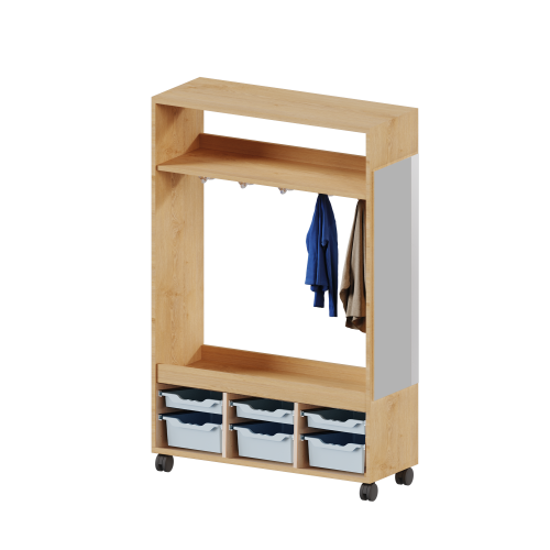 Umkleidewagen in Korpusbauweise B/H/T: 105x160x40 cm, 3 hohe und 3 flache ErgoTray-Boxen, Spiegel, Dreifachhaken
