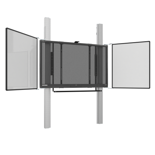 Wandmontiertes 2 Säulen Pylonensystem für Monitore 75" oder 86" elektrisch höhenverstellbar, 70 cm Hub, mit Universal-Seitenflügeln für 75 oder 86"