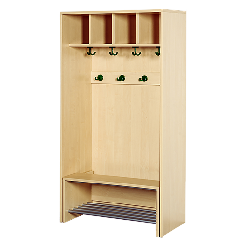Korpusgarderobe mit einschiebbarer Bank Bank aus feuerhemmendem Material mit Schuhrost, je Platz mit 3fach- und 2fach-Haken, H/T: 158x46 cm