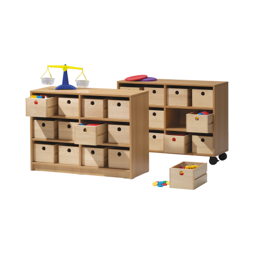 Fahrbares Regal mit MW, 4 Böden und 12 HK 5 B/H/T 104x77x40 cm, Holzkästen Buche