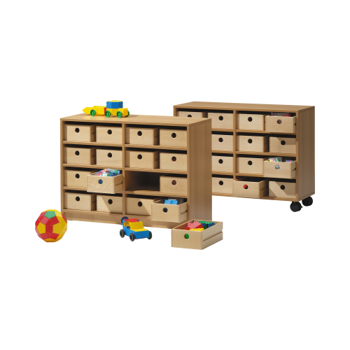 Fahrbares Regal mit MW, 6 Böden und 16 HK 7 B/H/T 104x77x40 cm, Holzkästen Buche