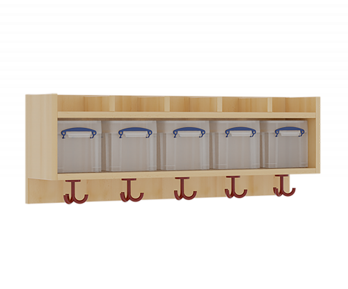 einfache Garderobenablage H/T: 34,5x27 cm in verschiedenen Breiten, offene Ablagen zur Wandmontage, darunter Boxen, unten 3fach-Haken