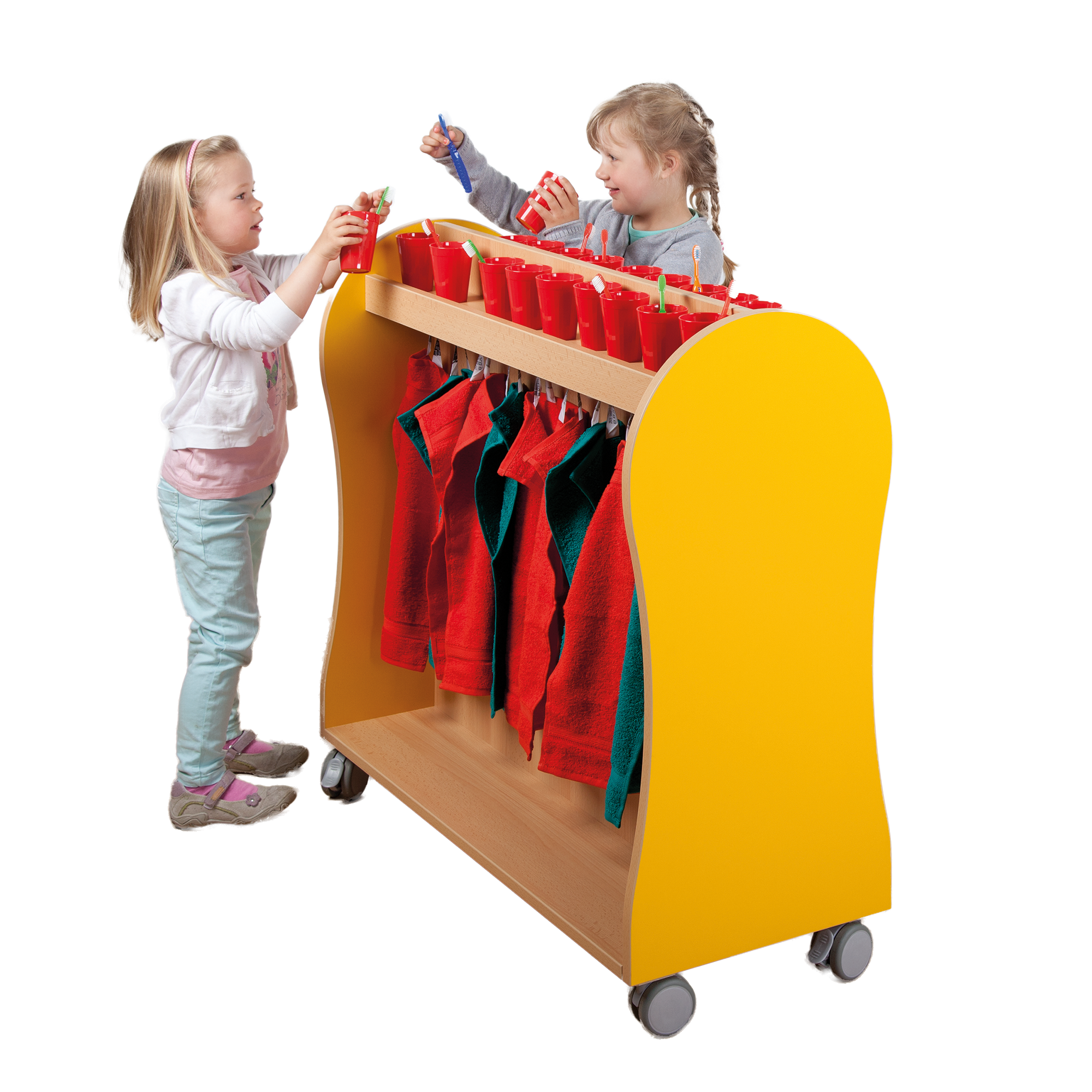 Handtuchwagen mit Ablage und Bilderleiste Handtuch- und Zahnputzwagen, H/T 92x40 cm, mit Doppelhaken für mehrere Kinder, einschließlich Doppelhaken